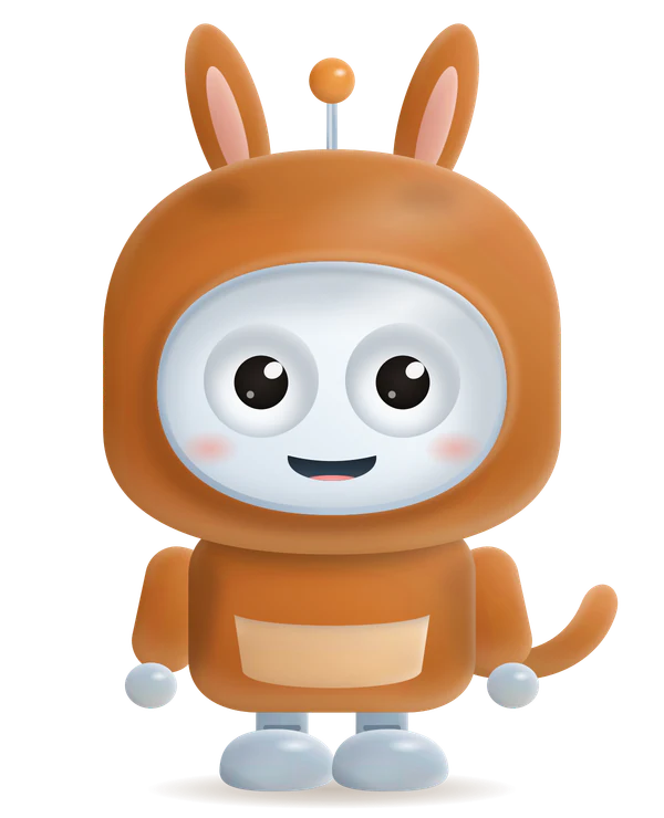 Bip, rysunkowy robot w kostiumie kangura: pomarańczowy kaptur z długimi uszami, kieszeń na brzuchu i ogon.