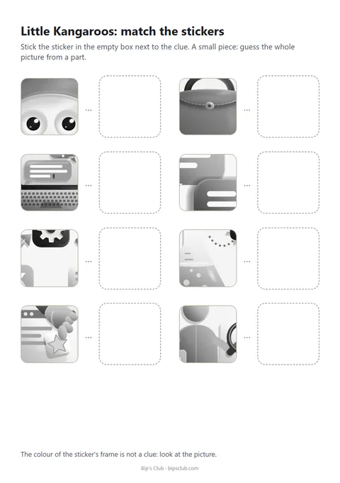 Preview of one of the two copies of the riddle card for Little Kangaroos: the title, the instruction and the pictures with empty spaces for stickers.