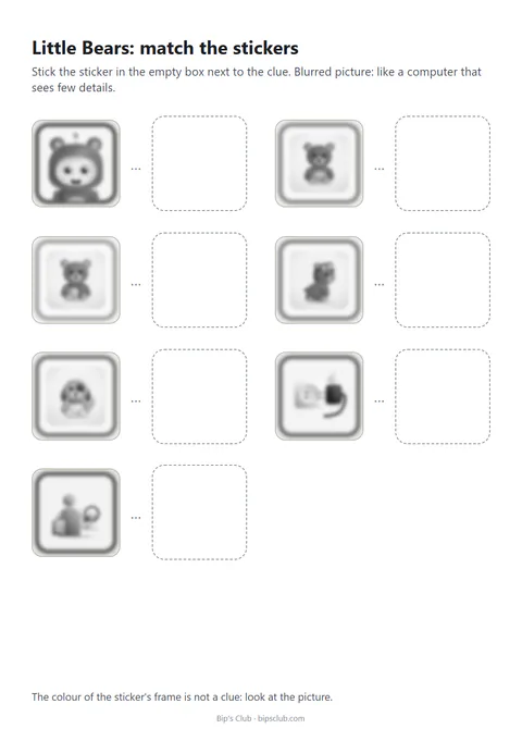 Preview of one of the two copies of the riddle card for Little Bears: the title, the instruction and the pictures with empty spaces for stickers.