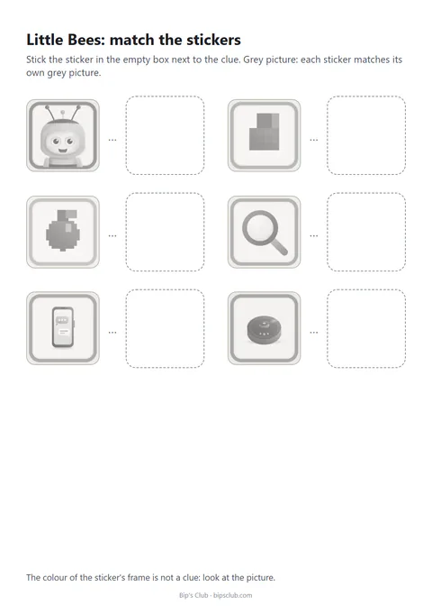 Preview of one of the two copies of the riddle card for Little Bees: the title, the instruction and the pictures with empty spaces for stickers.