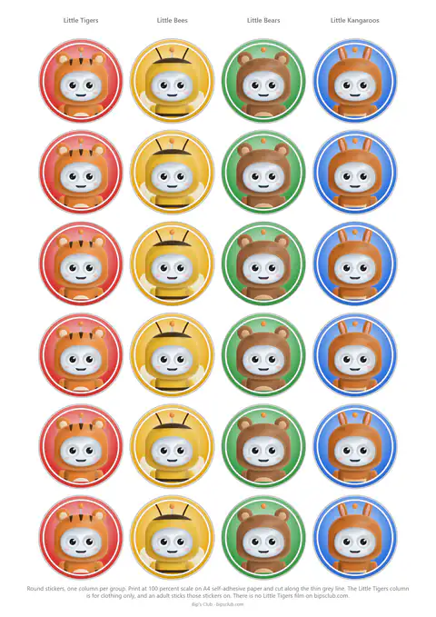 Preview of the sheet: four columns of round stickers with Bip in tiger, bee, bear and kangaroo costumes.