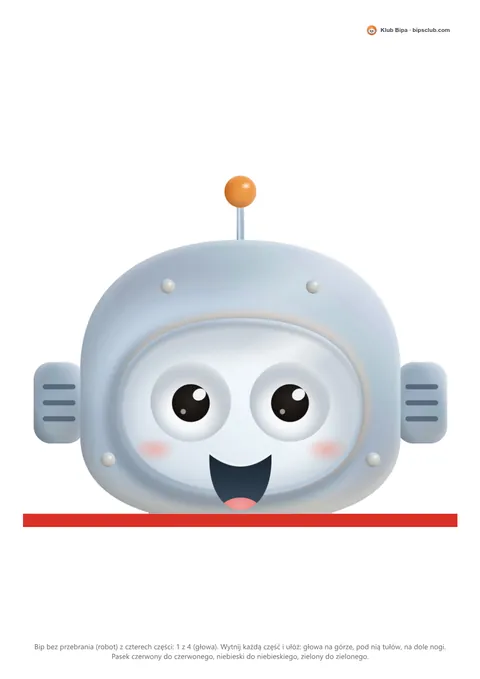 Podgląd pierwszej kartki: głowa Bipa bez przebrania, szarego robota z pomarańczową antenką, a pod nią czerwony pasek.