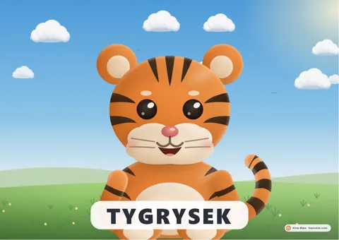 Podgląd pierwszej planszy: siedzący tygrysek na zielonej łące pod niebem z chmurami, a na dole biały pasek z napisem „Tygrysek”.