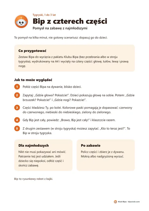 Podgląd kartki: tytuł „Bip z czterech części”, okrągła ikona Bipa, pięć ponumerowanych kroków i dwa jasne pola.