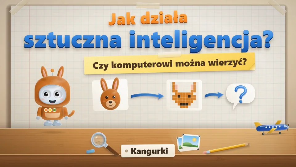 Plansza tytułowa filmu dla Kangurków: Bip w kostiumie kangura obok obrazka kangura, który zamienia się w kwadraty, i pytanie o to, czy komputerowi można wierzyć.