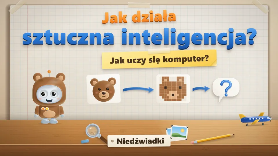 Plansza tytułowa filmu dla Niedźwiadków: Bip w kostiumie misia obok obrazka misia, który zamienia się w kwadraty, i pytanie o to, jak uczy się komputer.
