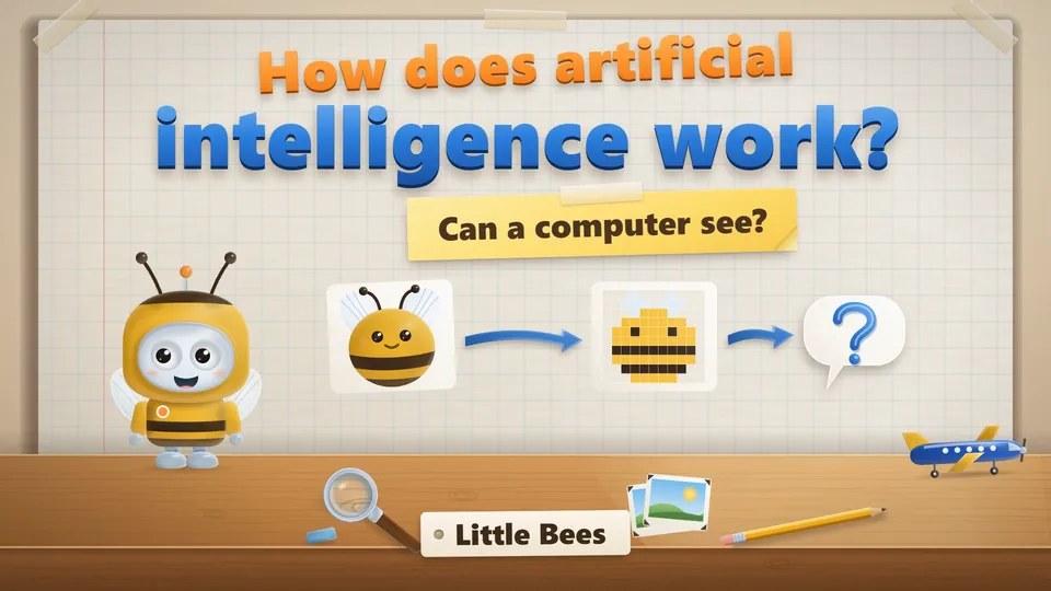 Plansza tytułowa filmu dla Pszczółek: Bip w kostiumie pszczoły obok obrazka pszczoły, który zamienia się w duże kolorowe kwadraty, i pytanie o to, czy komputer widzi.