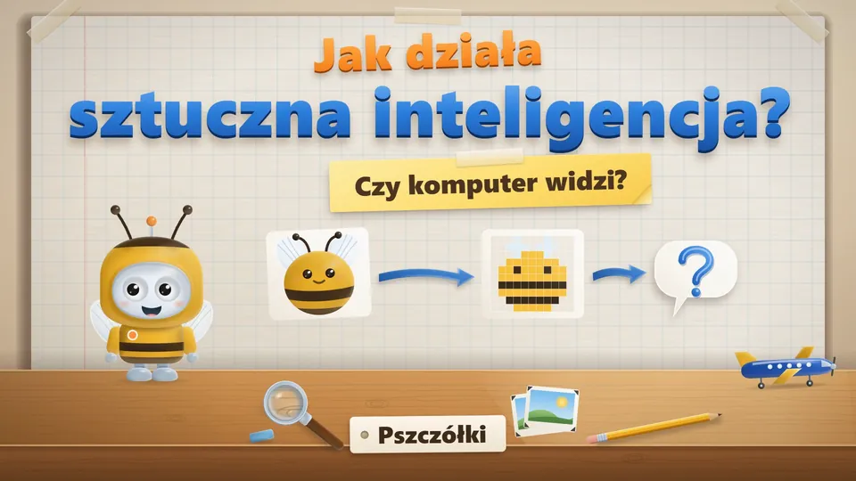 Plansza tytułowa filmu dla Pszczółek: Bip w kostiumie pszczoły obok obrazka pszczoły, który zamienia się w duże kolorowe kwadraty, i pytanie o to, czy komputer widzi.